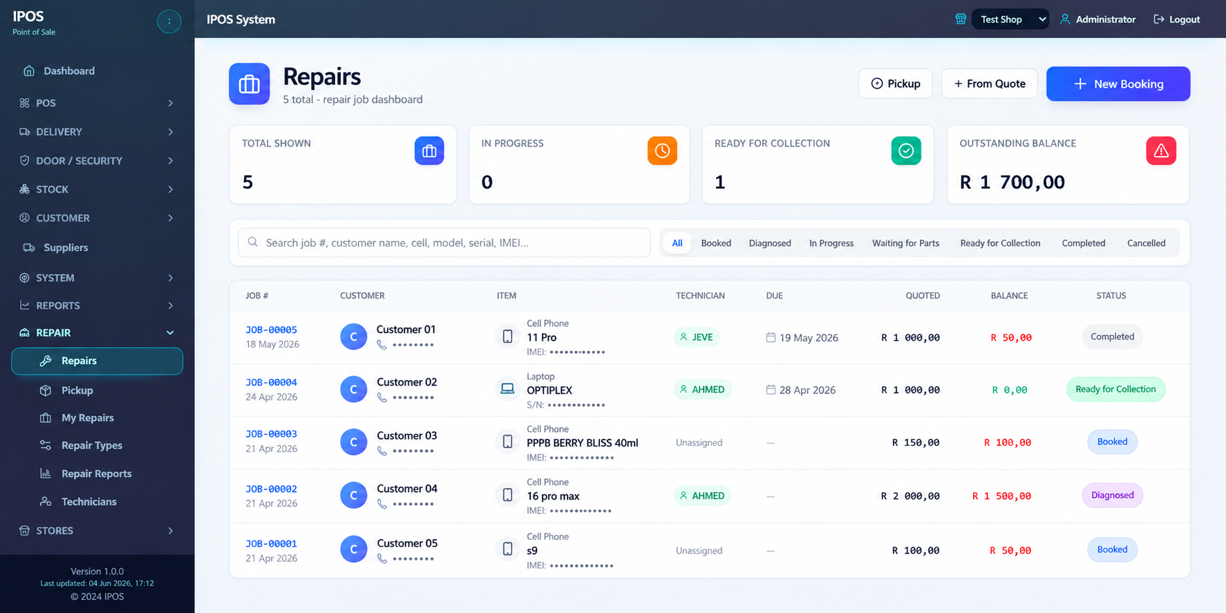 IPOS repair and job-card dashboard with anonymised customer data